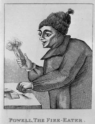 Robert Powell, The Fire Eater, från "Portraits and Faces of Remarkable and Eccentric Characters of London", publicerad 1819.